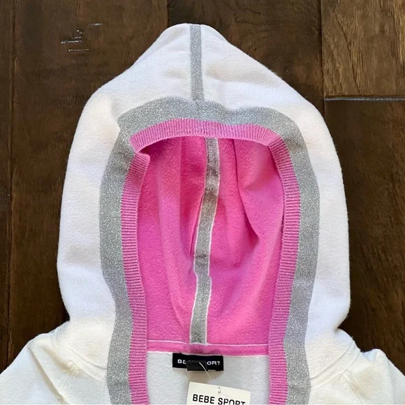 Bebe SPORT NWT White Pink Silver V-Neck Hoodie Long Sleeve Stretch Top Sz S - Picture 16 of 17